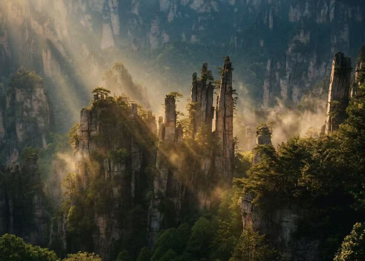 Misty sandstone peaks and forest landscape in Zhangjiajie