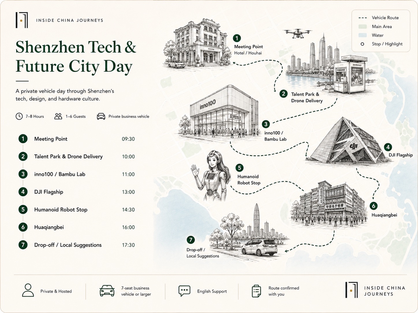 Illustrated route overview map for the Shenzhen Tech & Future City Day experience