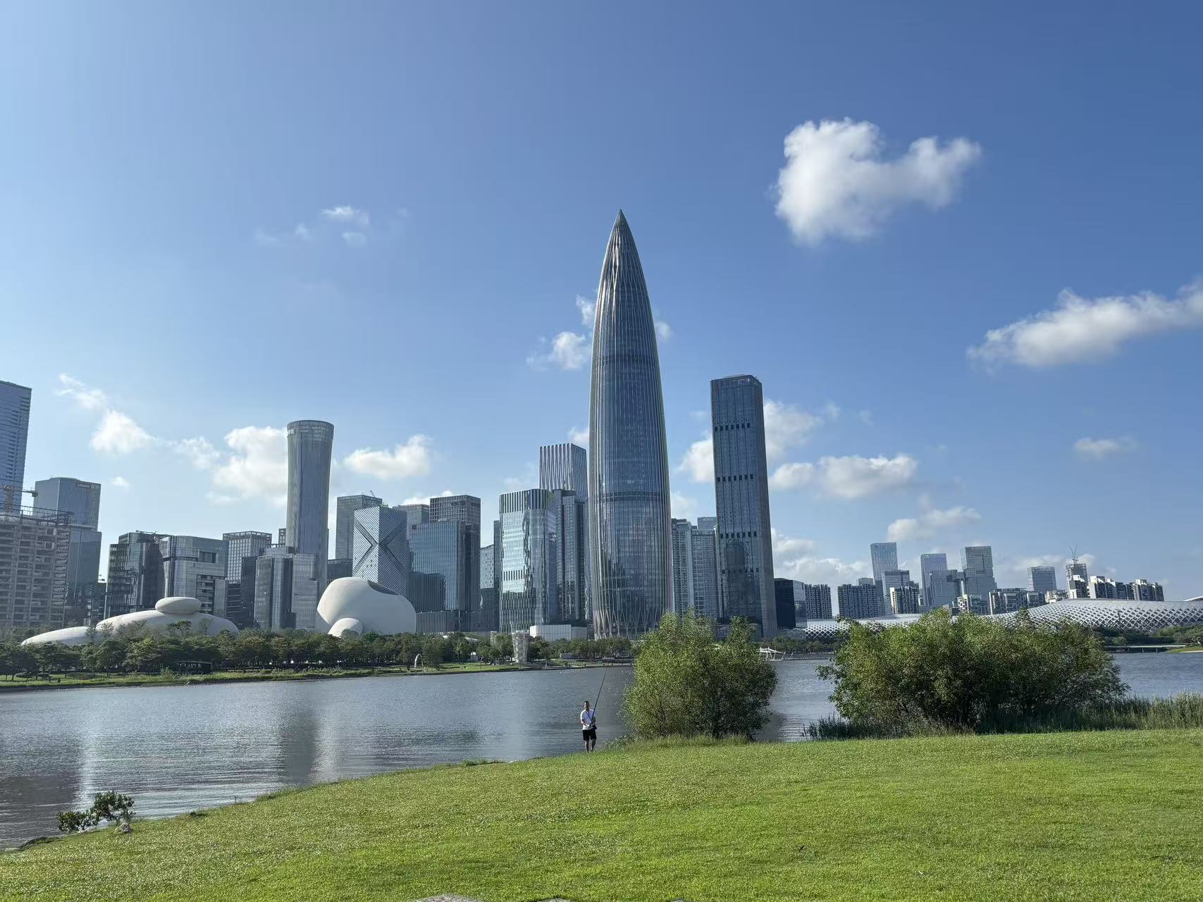 Shenzhen skyline viewed from a waterfront park near Houhai and Talent Park